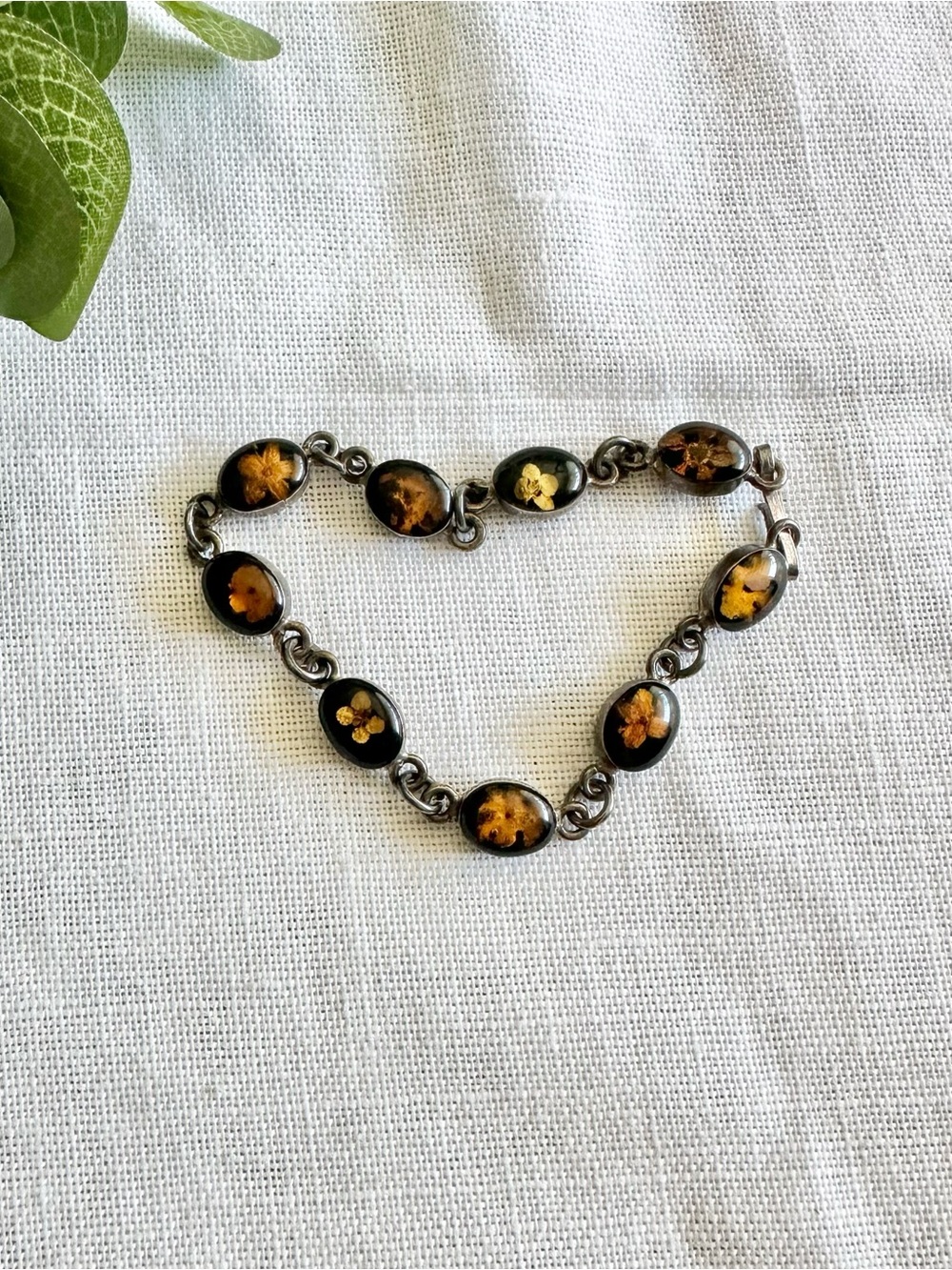 Vintage Mexico sterling silver 925 link floral resin bracelet